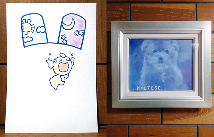 吉田さんが描いた切り絵（左）と油絵。子どもの頃から絵を描くことが好きで、今後は新たな趣味にしたいといいます